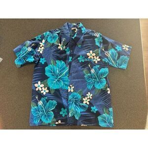 Vintage Barefoot‎ Paradise Floral Hawaiian Shirt Colorful Blue Size Large